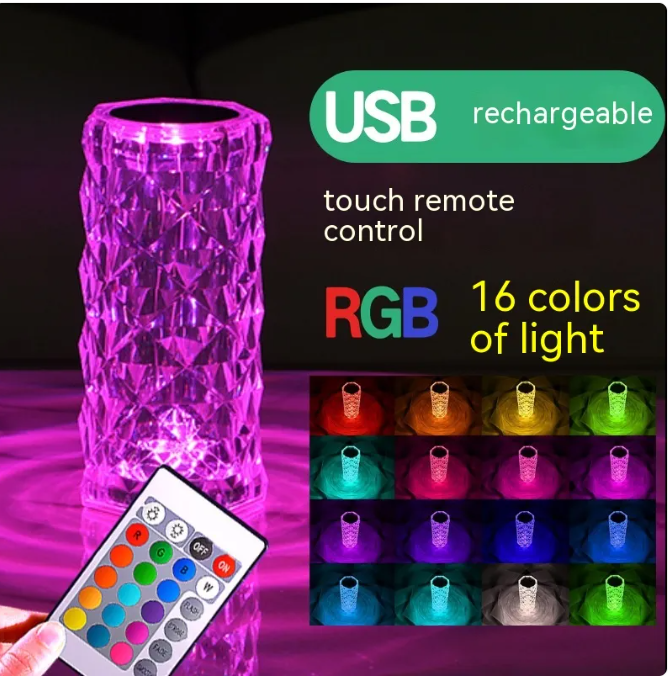 CrystalBloom LED rose lamp with faceted glass sides and purple light glow