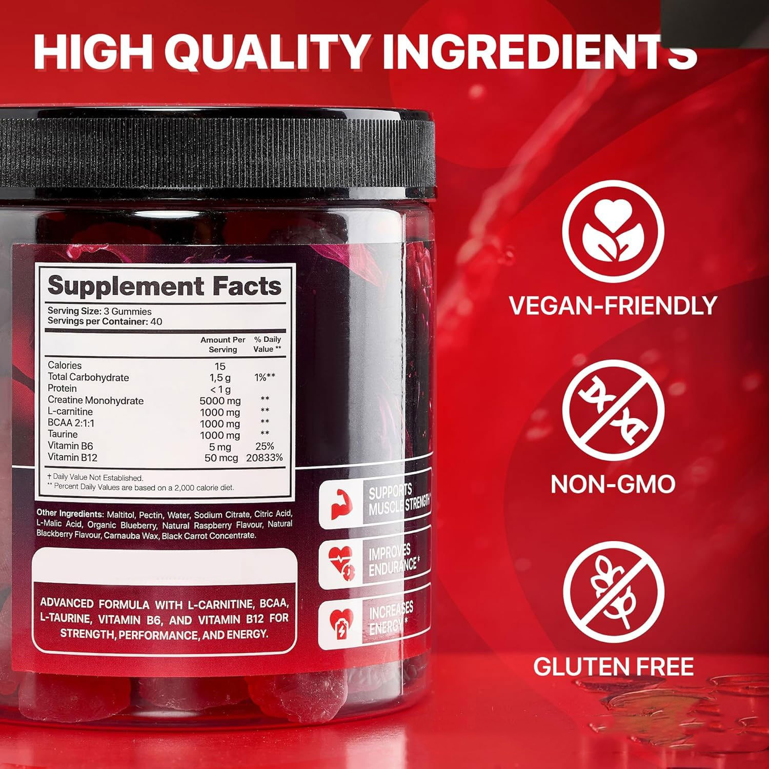 Creatine monohydrate gummies jar label with supplement facts and vegan non-GMO icons