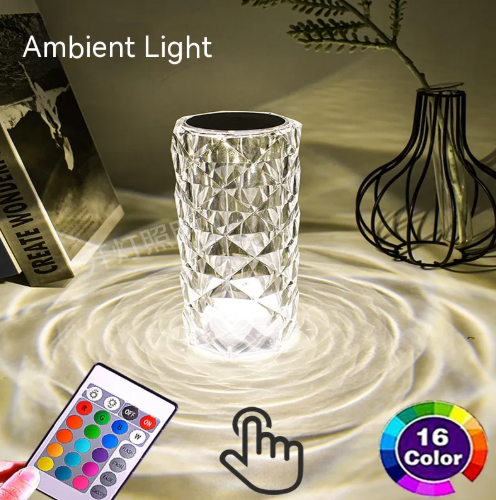 CrystalBloom LED rose lamp, faceted glass cylinder casting white ambient light