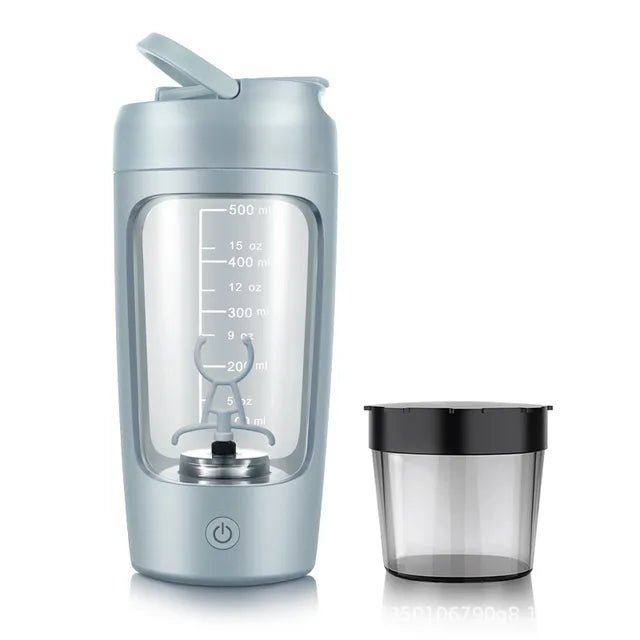 Light blue electric portable protein shaker bottle with measuring window and separate clear cup