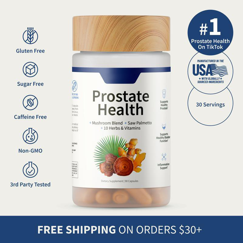 Prostate Health supplement bottle with wood cap and blue-and-white label with benefit badges