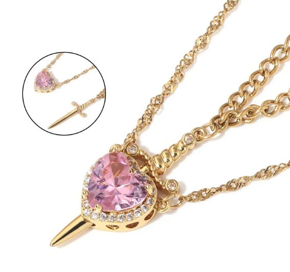 Couple heart and dagger pendant necklace set, gold-tone with pink heart crystal