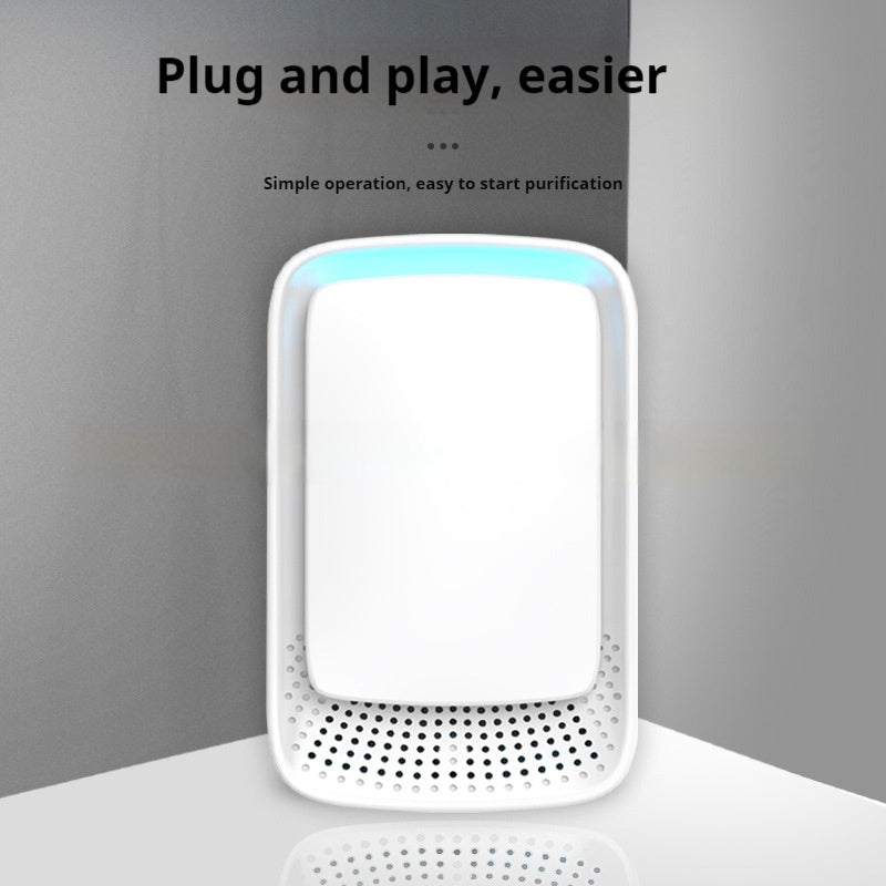 White plug-in air purifier with a blue LED strip, front view