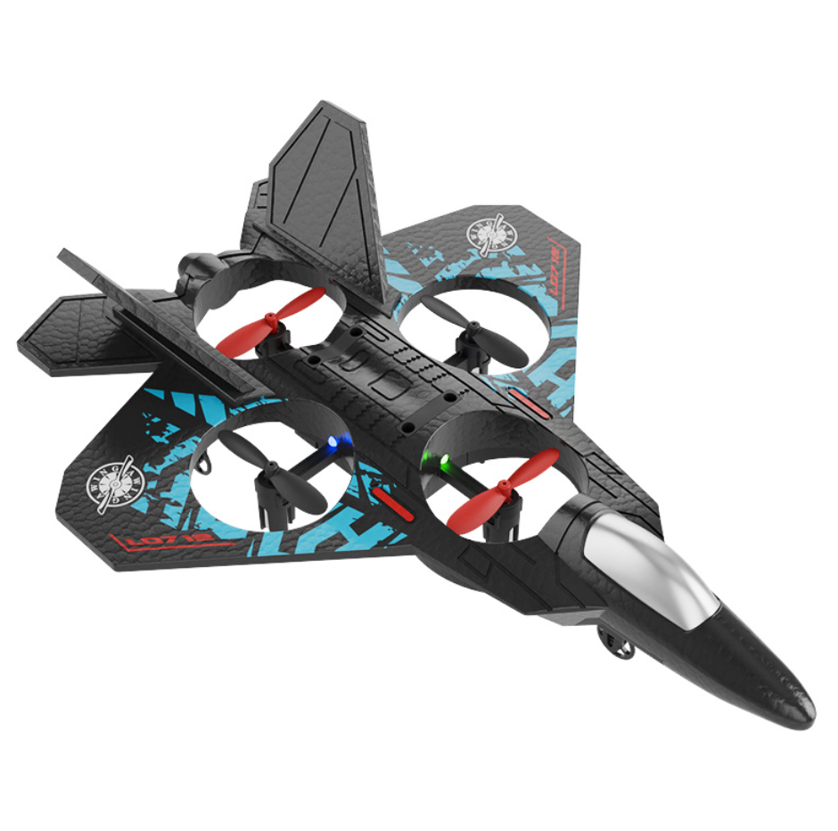 Black-and-gray RC fighter jet with red propellers and four rotors