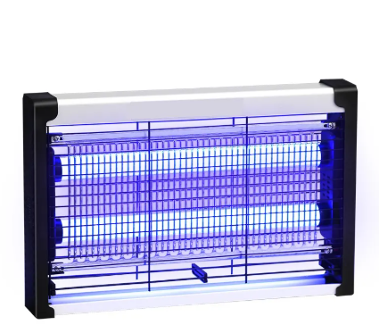 Electric fly and mosquito killer lamp with glowing blue UV grid inside rectangular housing