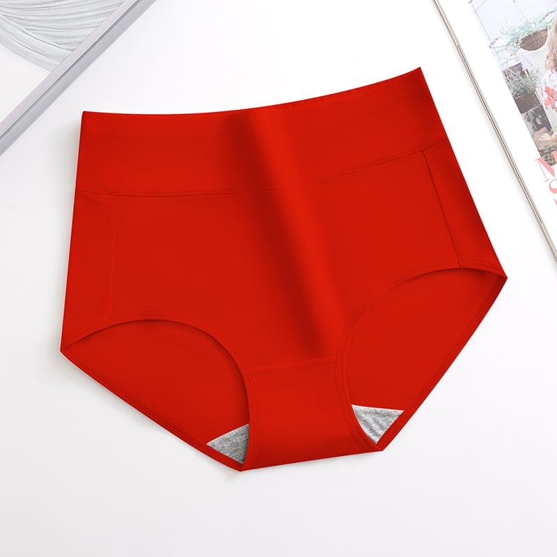 Red high-waist hip-lifting briefs with full coverage leg openings