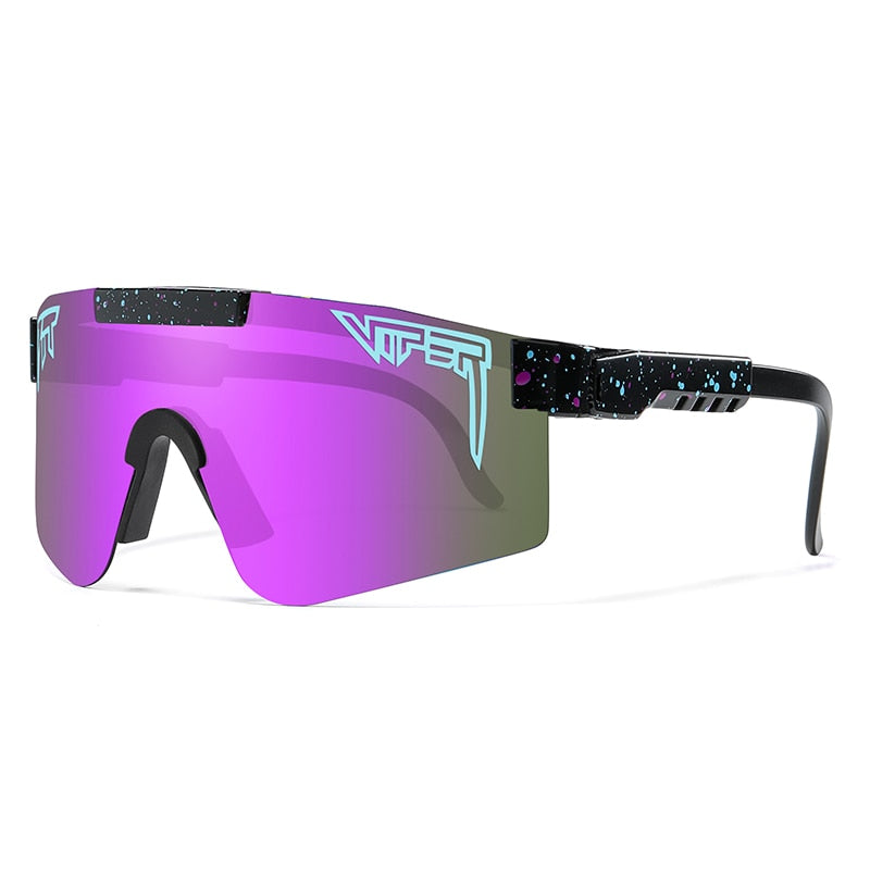 Women's sunglasses with purple mirrored lenses and speckled black frame
