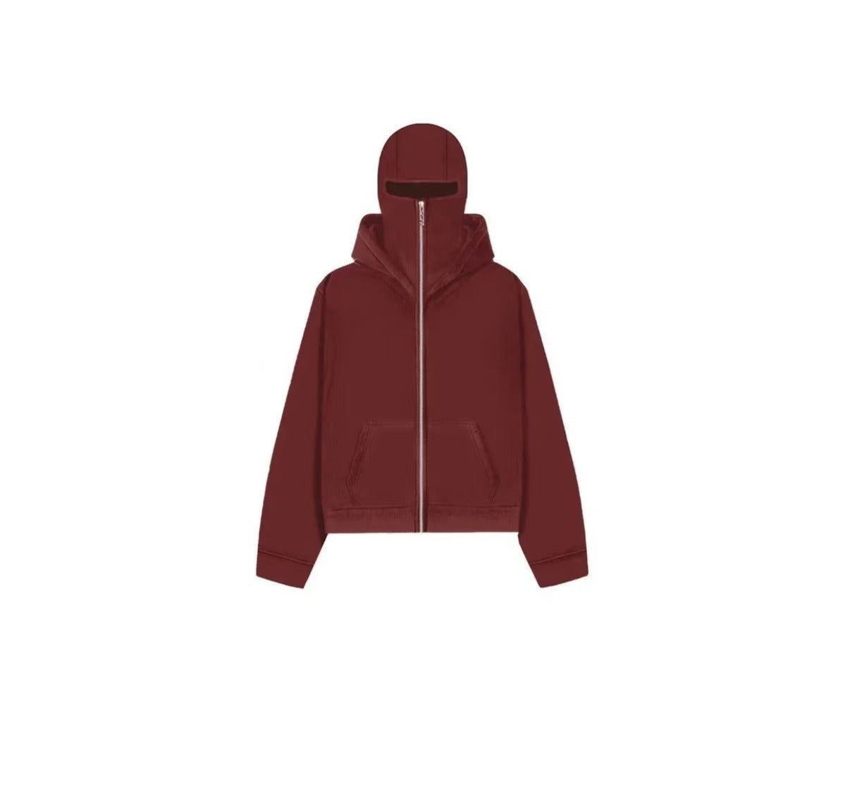 Men's hooded zip-up baseball jacket, burgundy with dark hood and zip front
