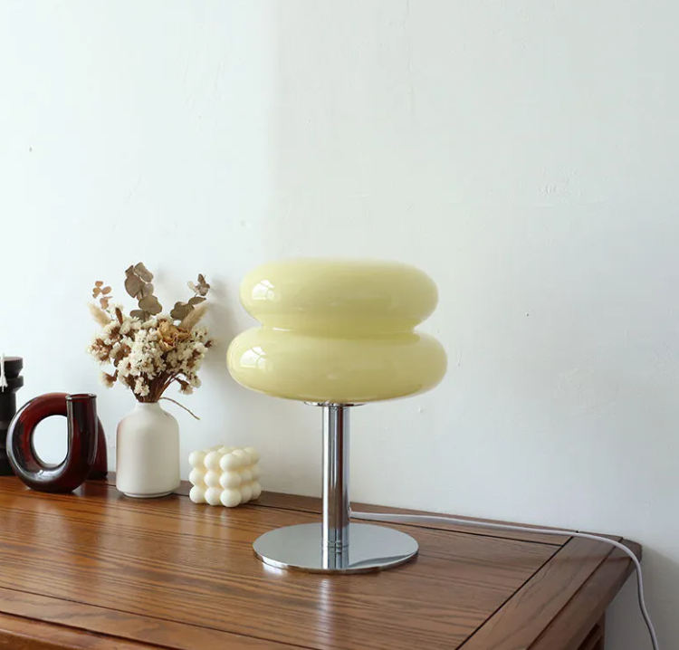 Glass shade desk lamp with iron base, light yellow double bulbs