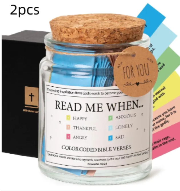 Glass jar with cork lid and 'FOR YOU' tag, '2pcs' text over 'Read me when' cards.