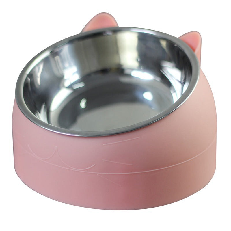Cat feeding bowl with pink PP base and stainless steel dish