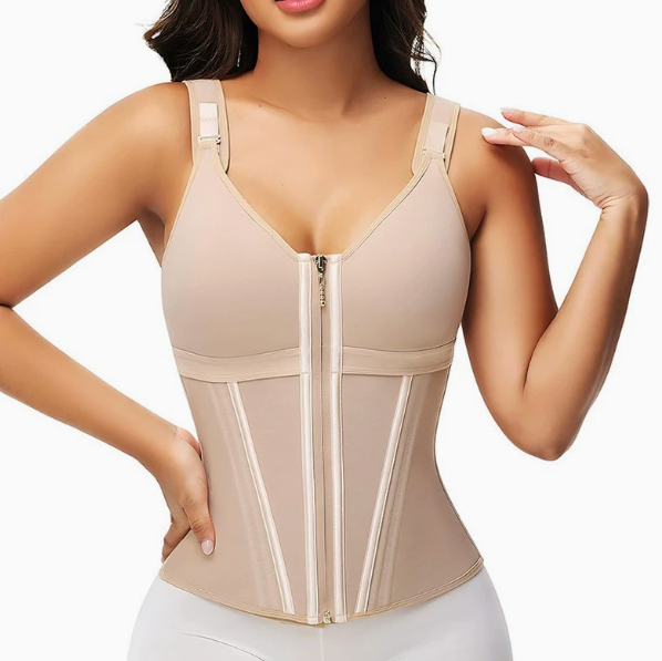 Nude-toned mesh waist corset shapewear with front zipper and molded panel seams