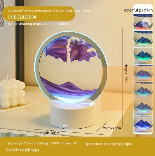 Quicksand night lamp with circular glass top and white base, purple sand glow