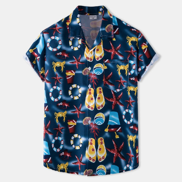 Navy button-up Hawaiian shirt with short sleeves and tropical seashell, starfish pattern