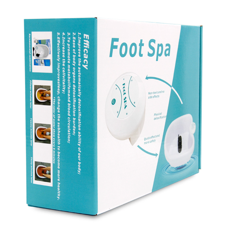 Foot spa device shown on product box with instruction text and side views
