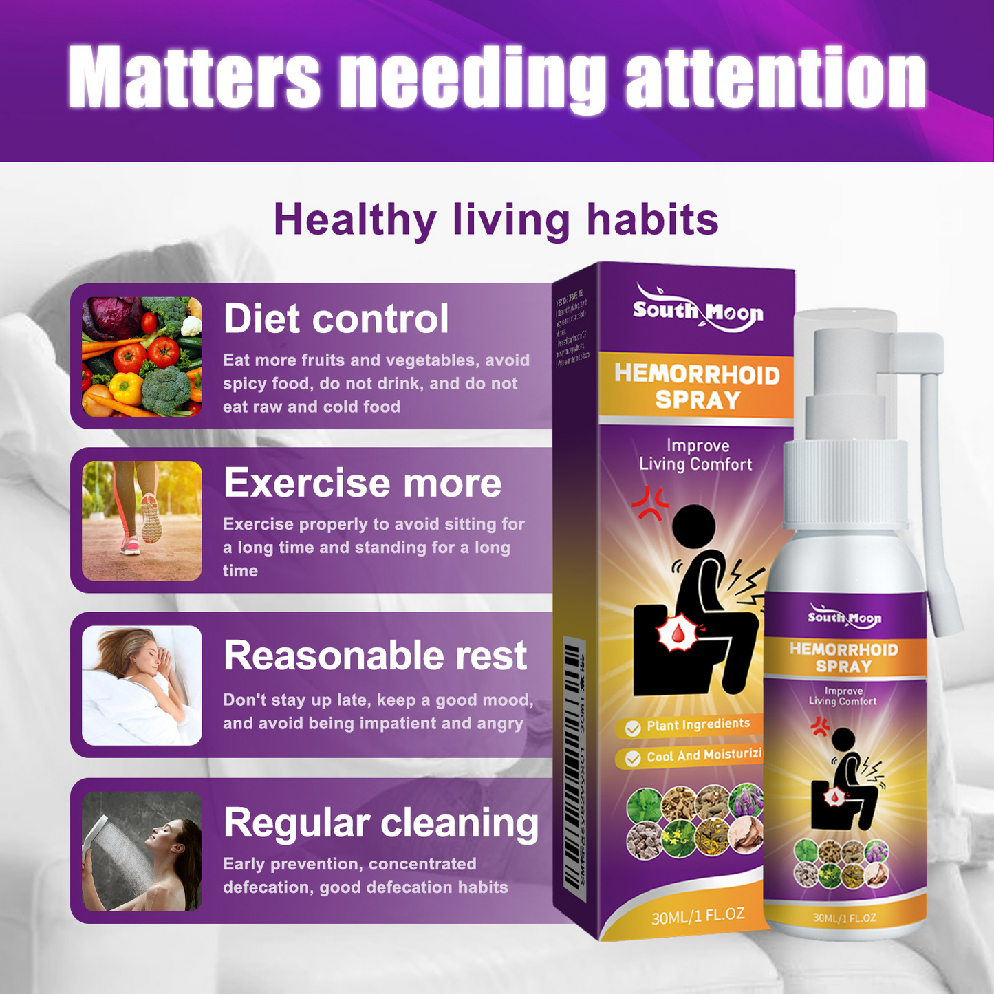 Herbal hemorrhoid relief spray bottles and product box on white background