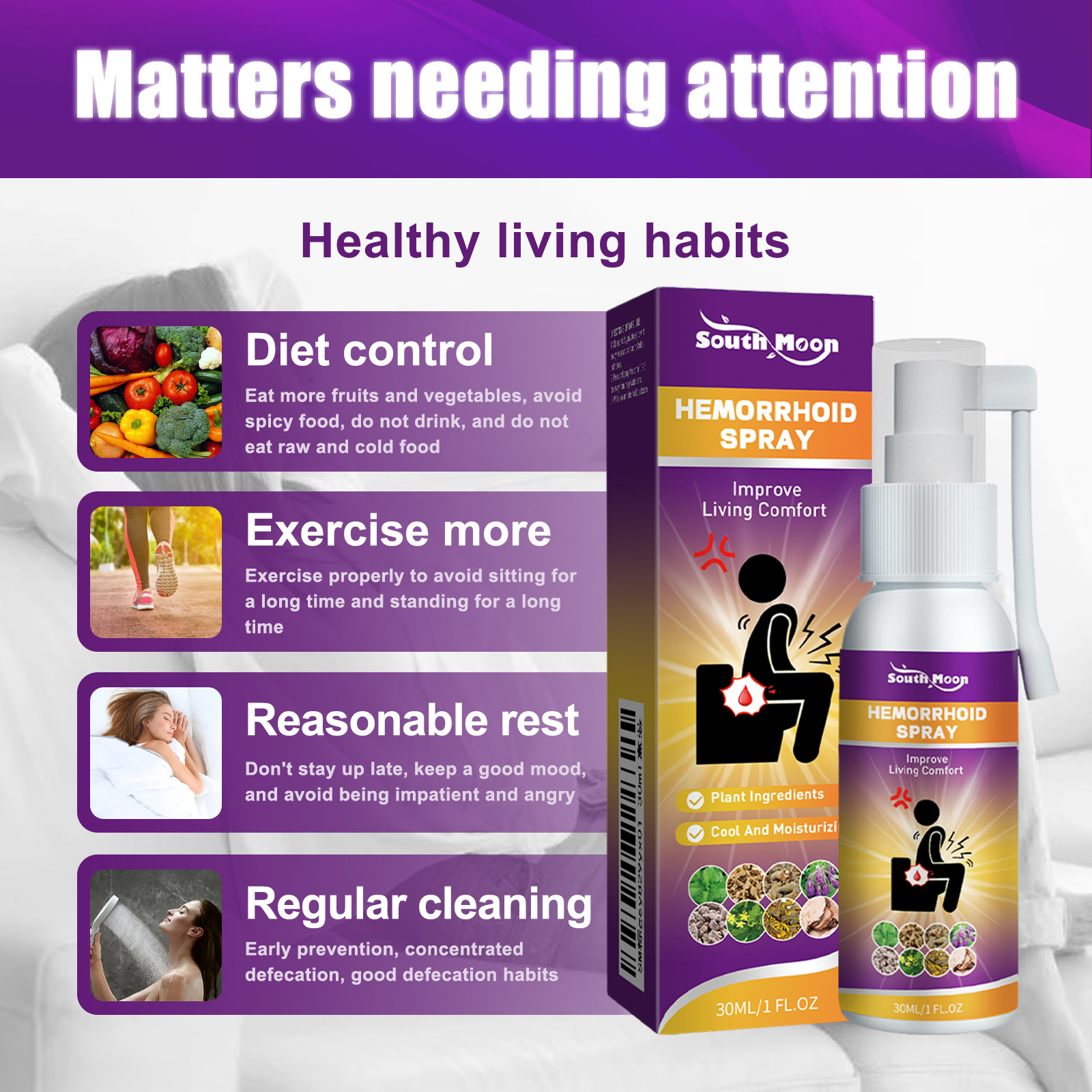 Herbal hemorrhoid relief spray bottles and product box on white background