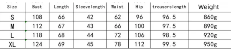Size chart showing bust, length, sleeve length, waist, hip, trouser length, weight