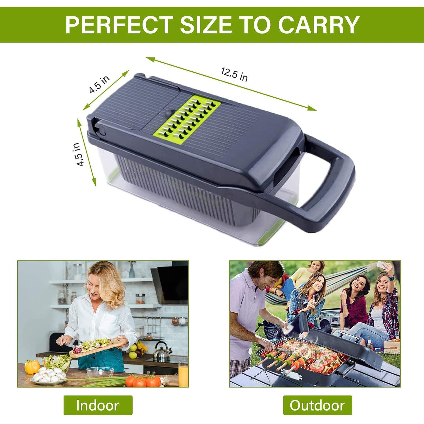 Vegetable chopper and dicer with compact frame, handle, and measuring label