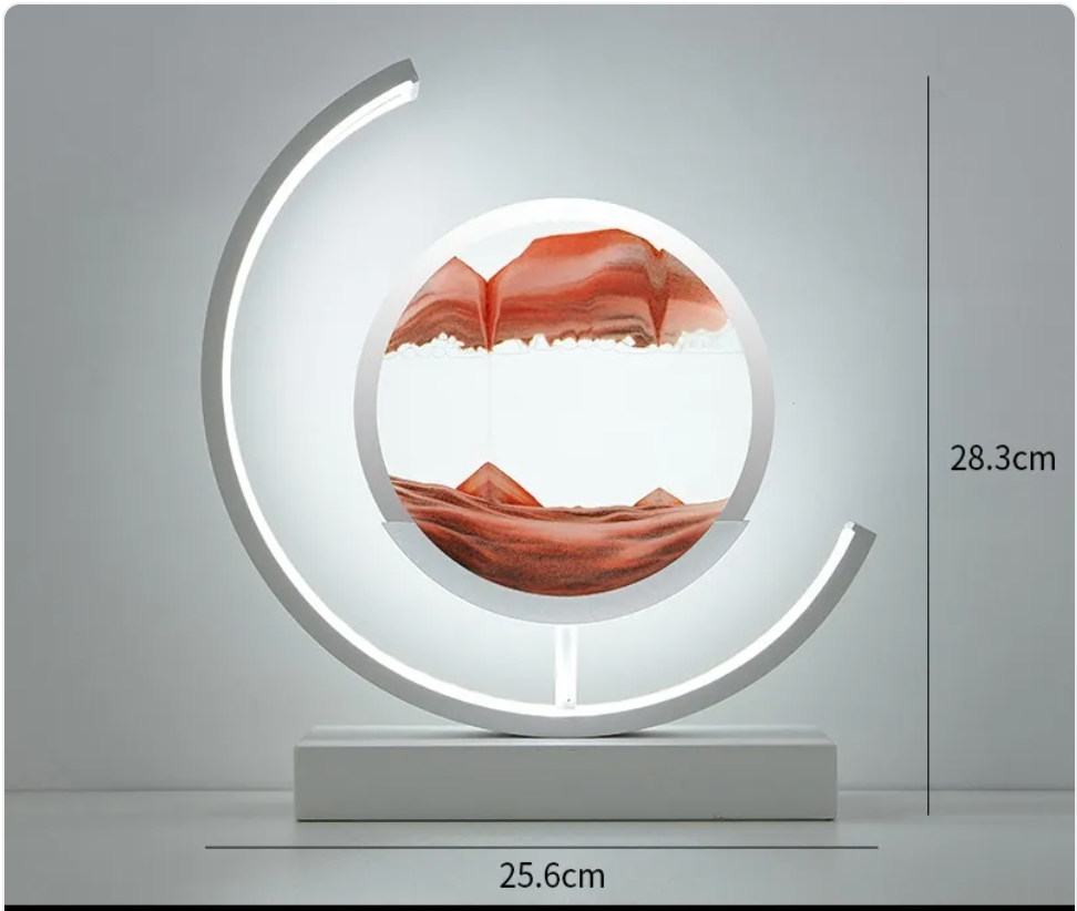 Chinese-style glass hourglass table lamp with illuminated round glass disc, red-orange landscape, white ring