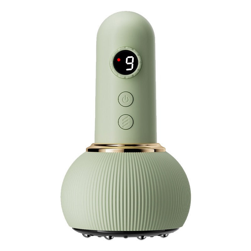 Electric body massage brush with pale green handle, gold ring collar, and ribbed base