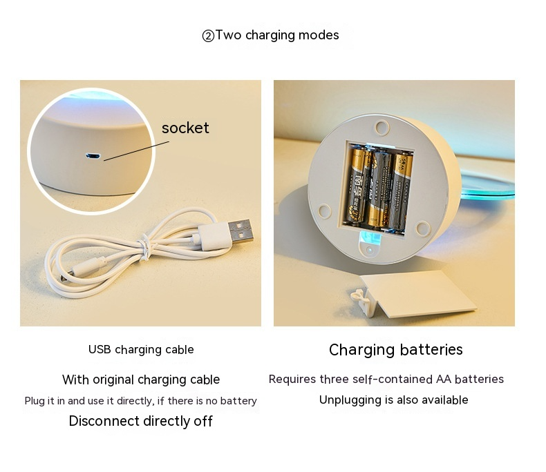 Charging parts for quicksand night lamp: USB cable and AA battery compartment