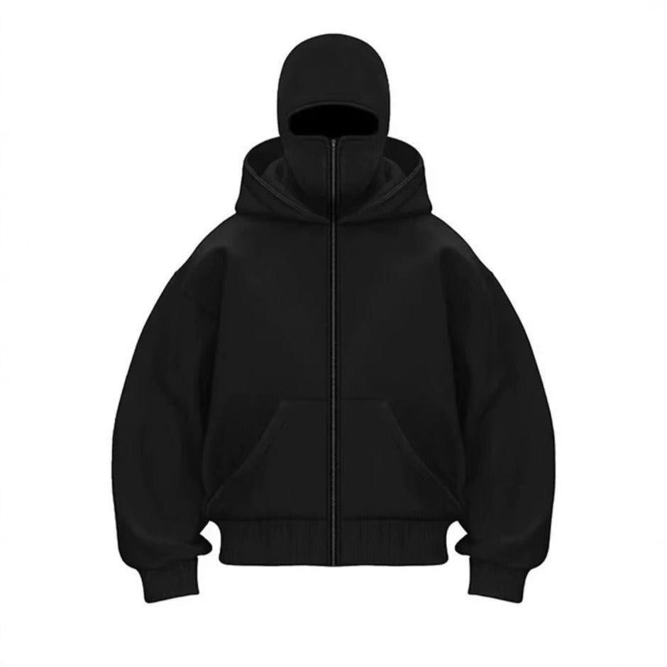 Men's hooded zip-up baseball jacket in black, front zipper and hood