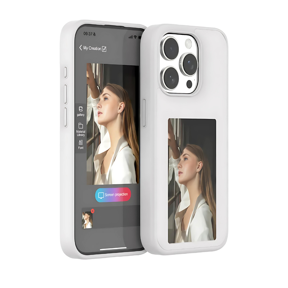 White e-ink iPhone case with front e-paper screen preview window and rear camera opening