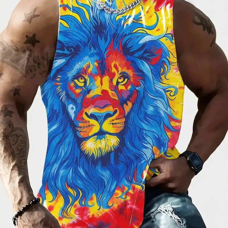 Sleeveless polyester vest with full lion graphic in blue, red, and yellow