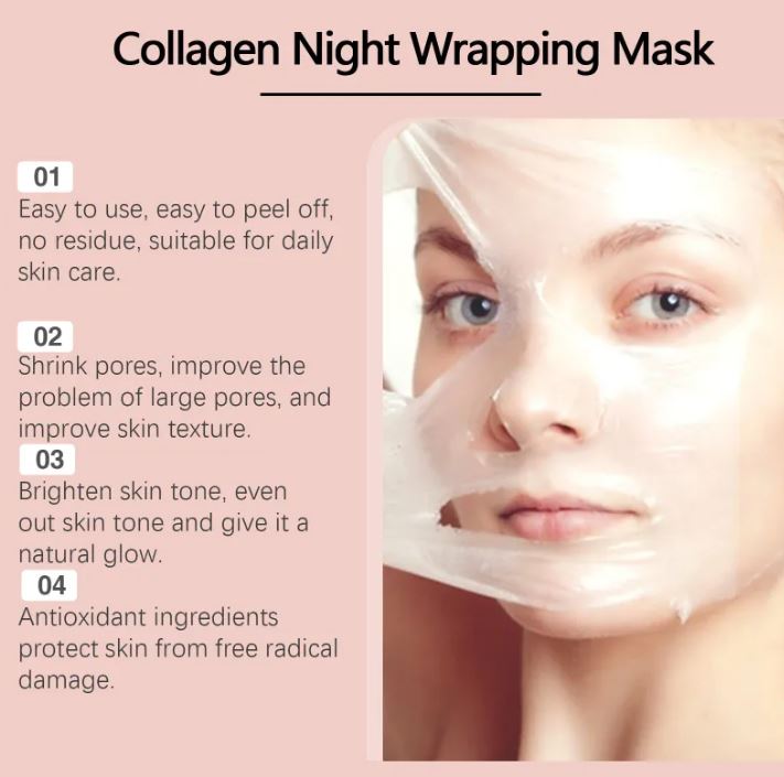 Peel-off collagen night face mask on woman’s face, visible gel sheet