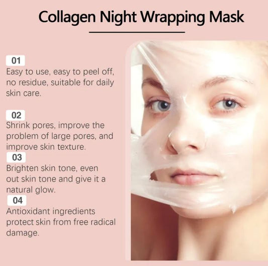 Peel-off collagen night face mask on woman’s face, visible gel sheet