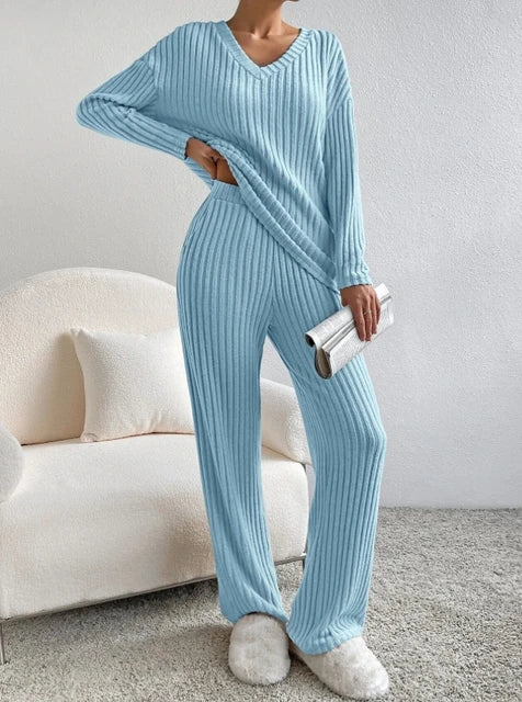 Light blue ribbed loungewear set: V-neck top with long sleeves and matching pants