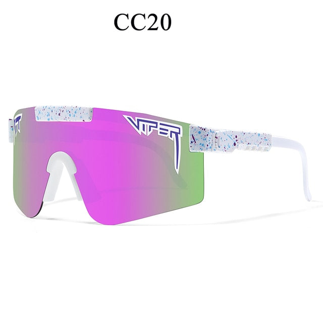 Sporty wrap sunglasses with purple mirror shield lens, light speckled temple, violet frame