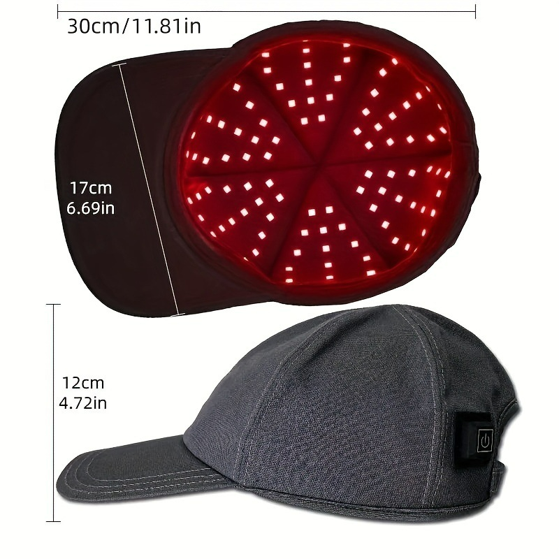 Black LED scalp cap with red glowing diode panel and curved brim.