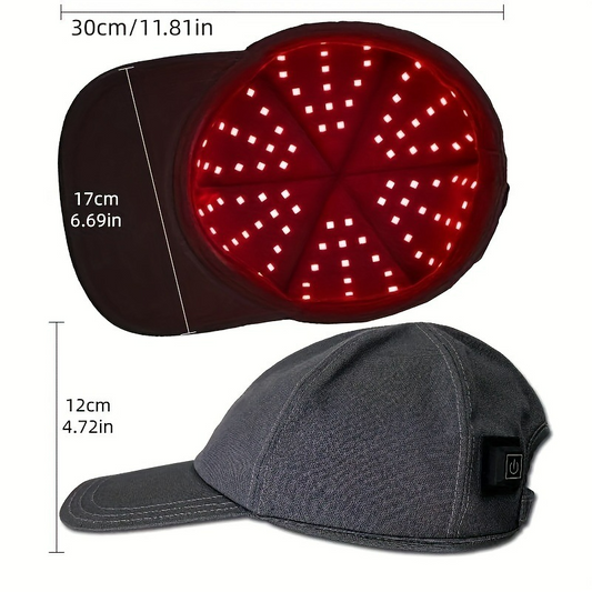 Black LED scalp cap with red glowing diode panel and curved brim.