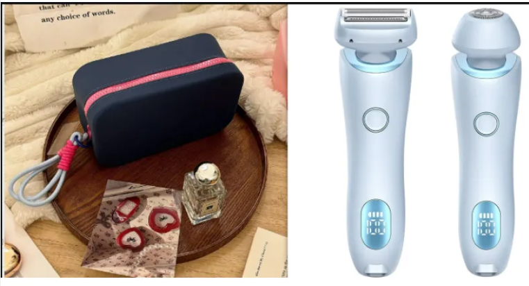 Electric duo body shaver set in light blue, with two shavers and a navy zip case with red trim