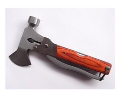 Multi-tool with hammer head, knife blade, and axe head on a white background