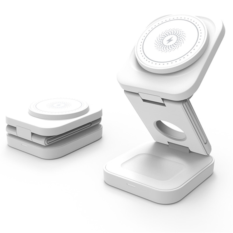 3-in-1 foldable magnetic wireless charging station, white base with two charging pads
