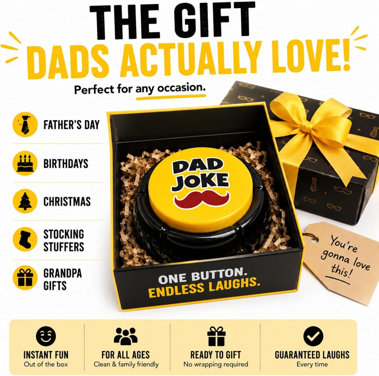 Dad joke button inside an open gift box, yellow top with red mustache graphic