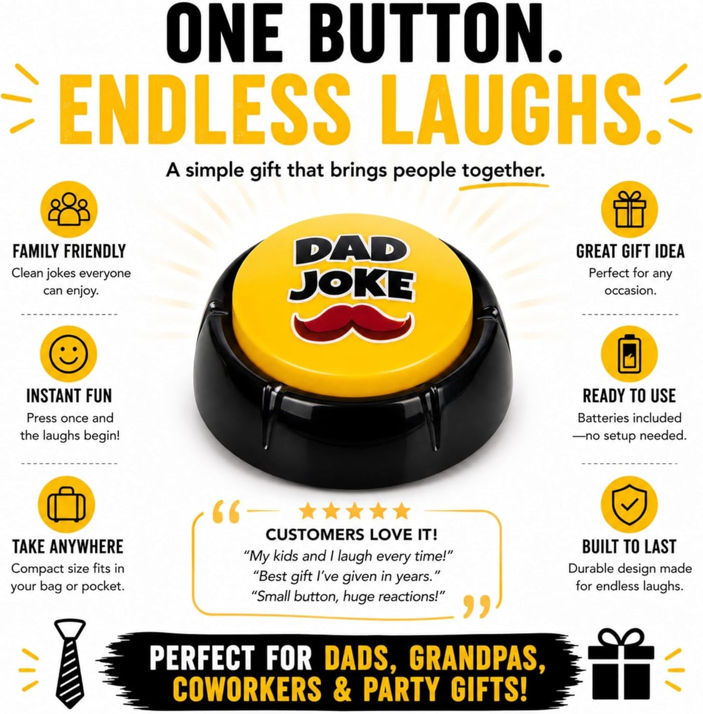 Dad joke button in a gift box with yellow lid and red mustache graphic