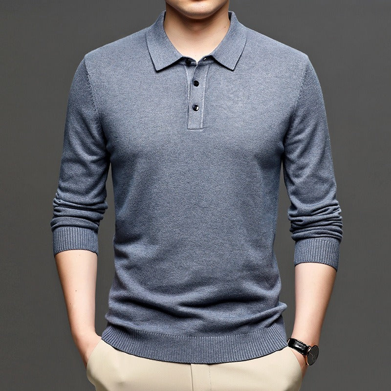 Men's knit pullover sweater with polo collar, denim blue gray, ribbed cuffs and hem.