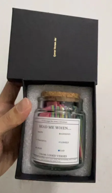 Bible verse jar gift set in a black box with “READ ME WHEN…” label and cork lid