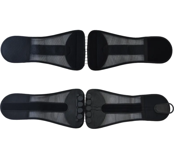 Lumbar support belt straps with hook-and-loop closures and central support pad