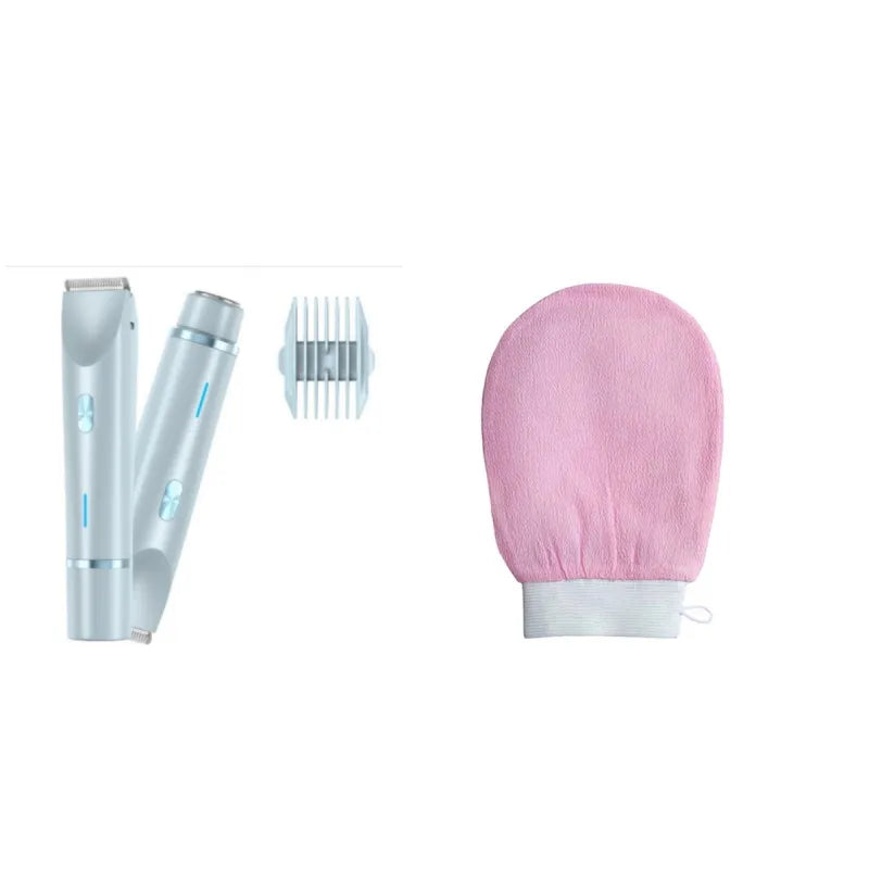 Light blue electric hair remover set with comb attachments and pink exfoliating mitt.