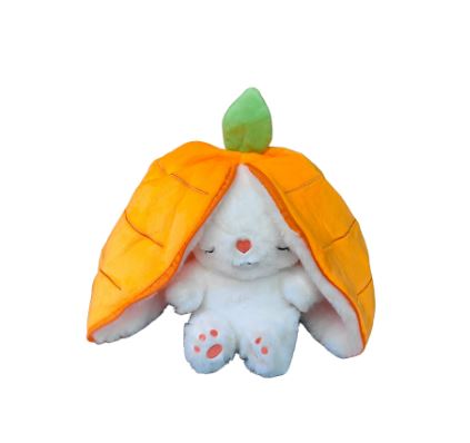 Plush breathing music doll, white bunny with orange hood and green leaf topper