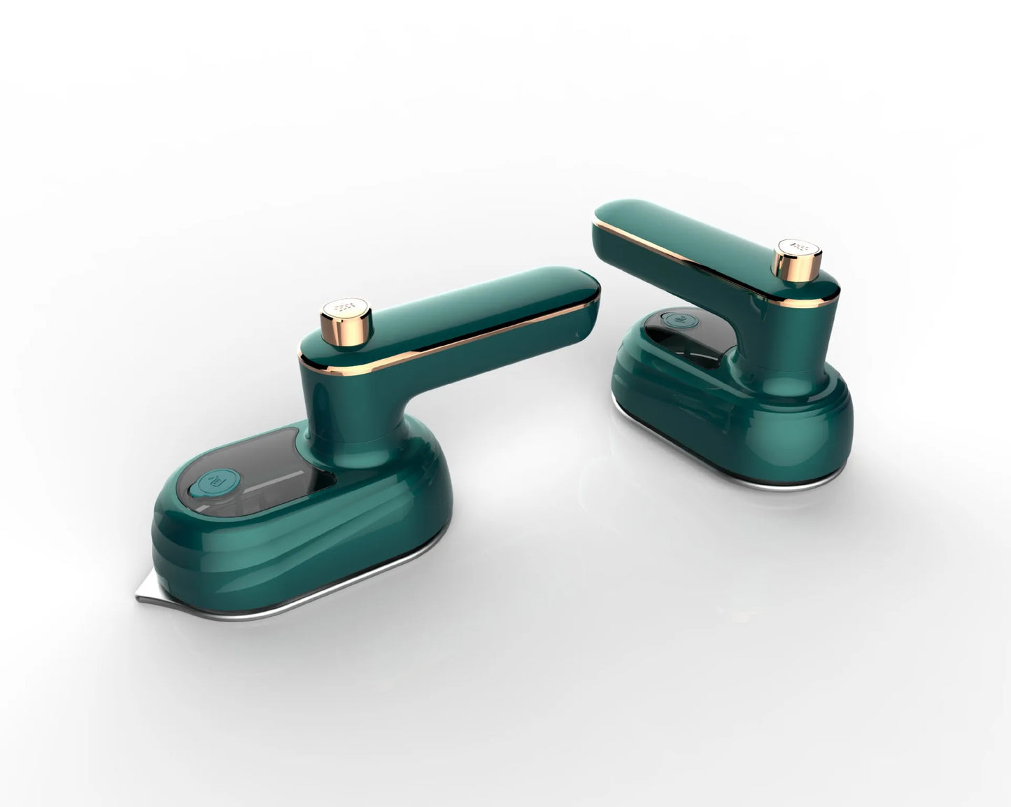 Teal mini steam iron set, angled views with rounded tops and copper accents