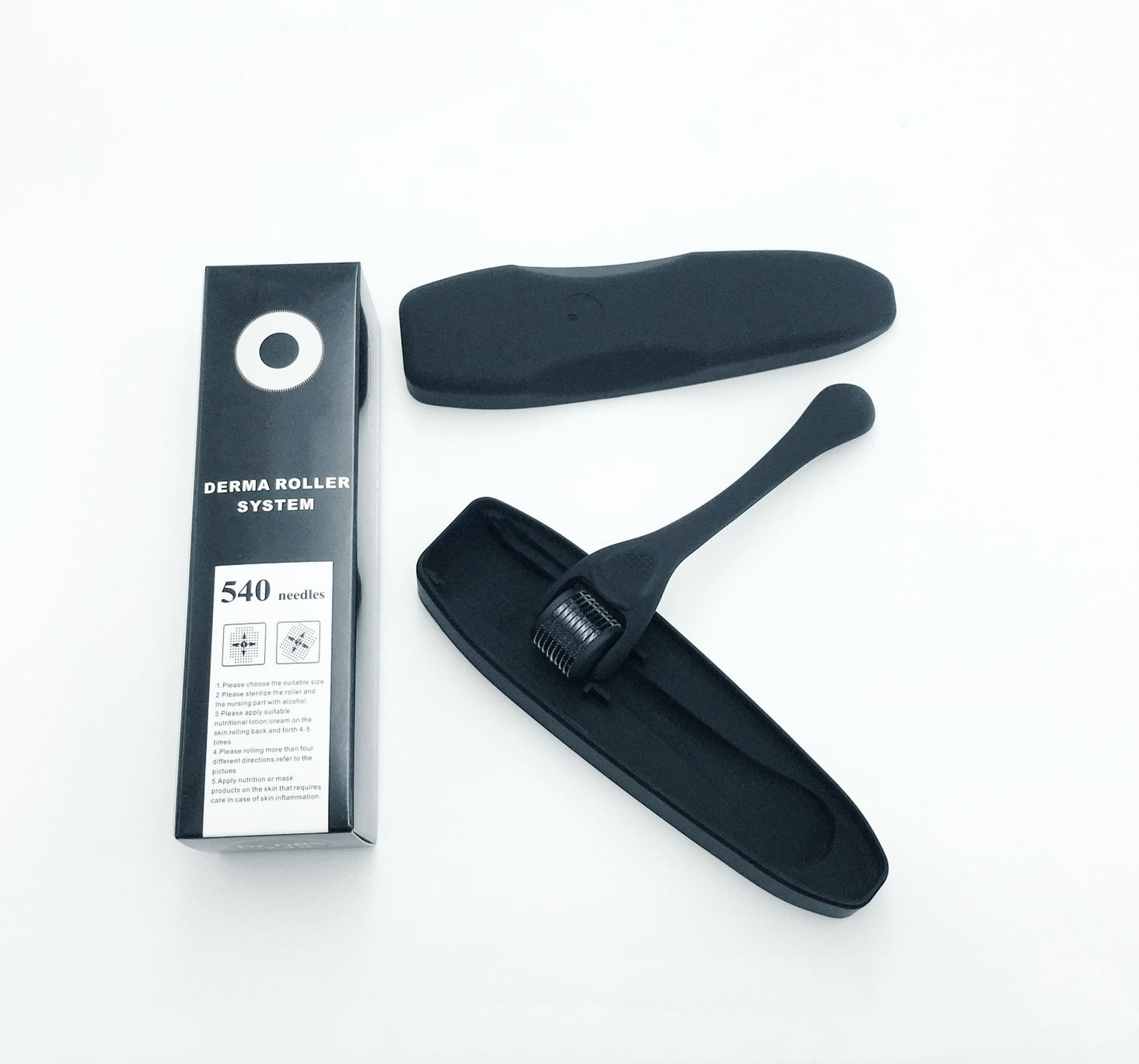 Black microneedling face roller with frosted handle and included product box