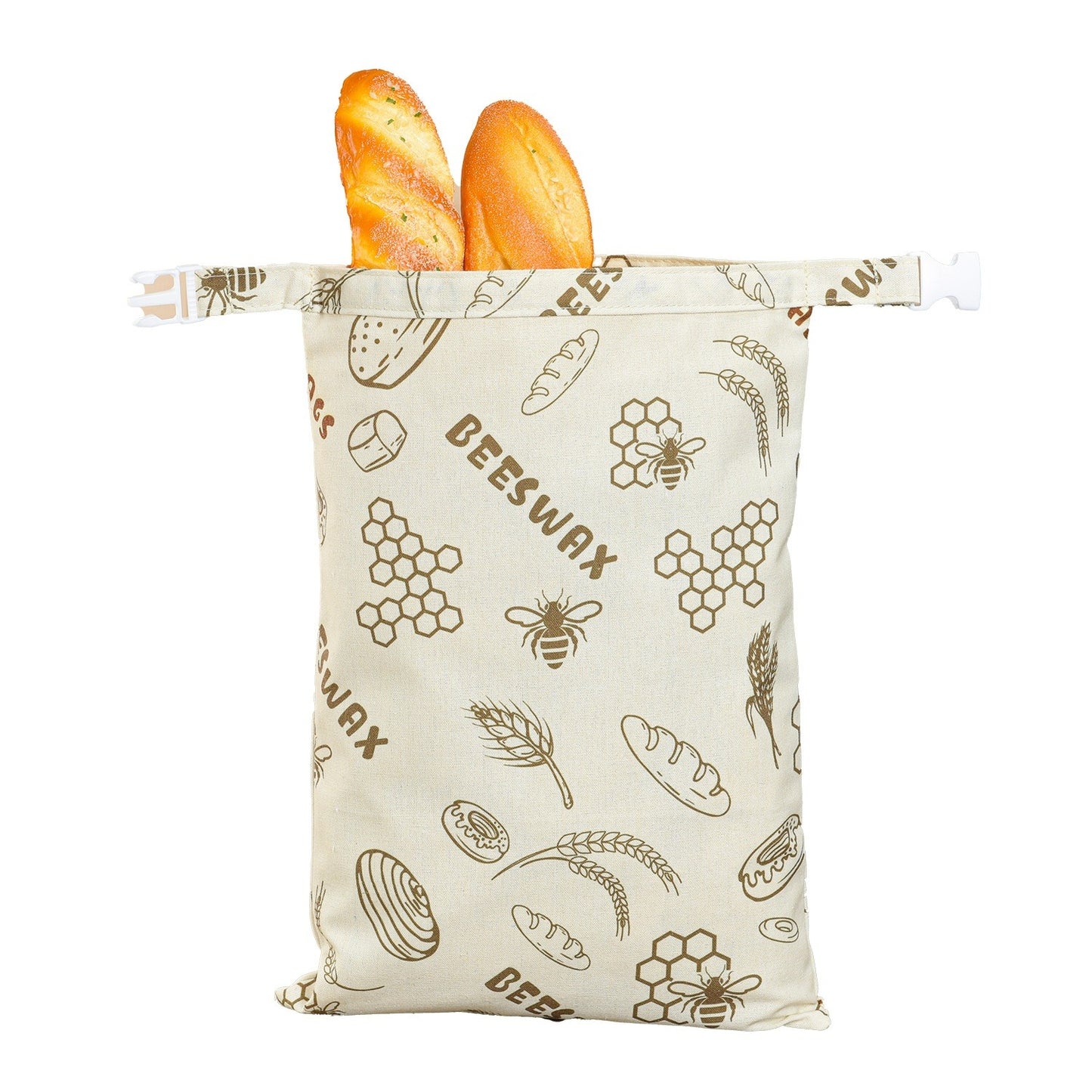 Cotton linen bread bag with bee and honeycomb print, drawstring closure.