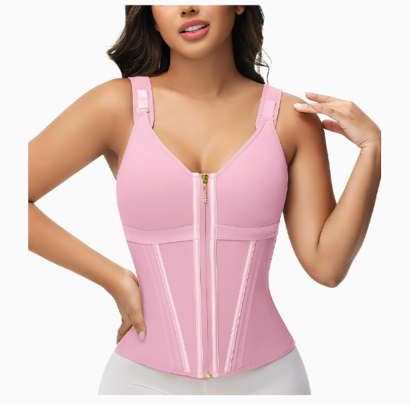 Pink mesh waist corset shapewear, front zip and structured underbust panels