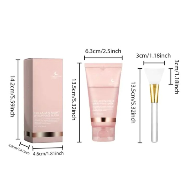 Collagen night wrapping mask size diagram with boxed tube and gold-tipped applicator